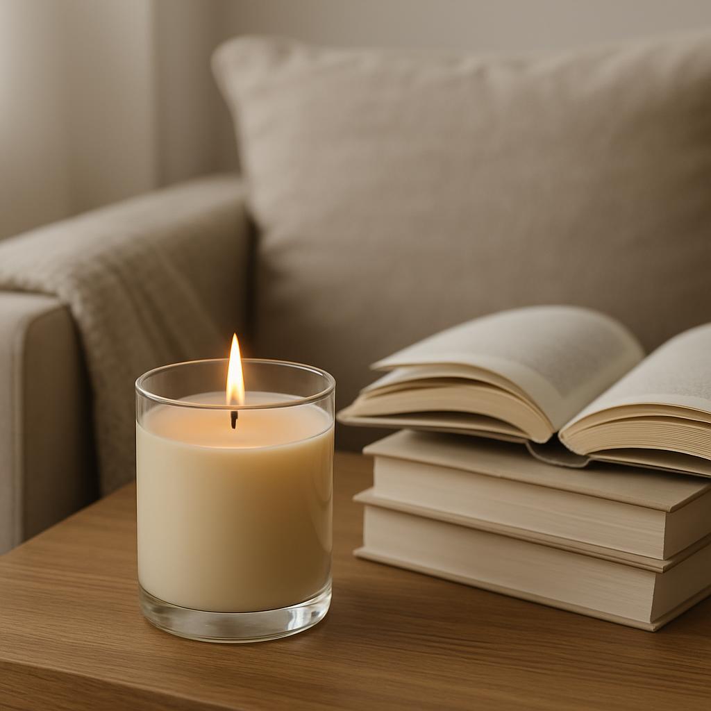 A lit candle beside a stack of books and a beige couch. The room is in a neutral color scheme.