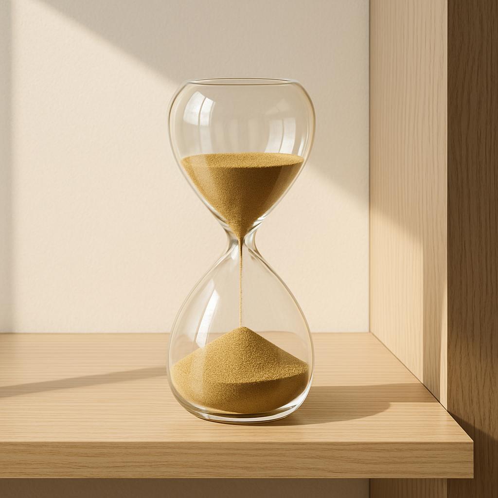 An hourglass with sand in the lower portion and half of the small, transparent, hourglass-shaped container filled with yel...