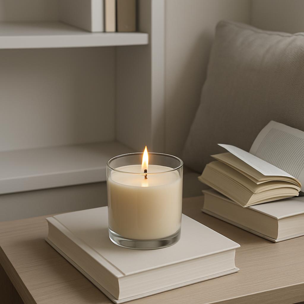 A lit candle on top of a stack of white books, with an open book to the right. In the background, there is a white bookshe...
