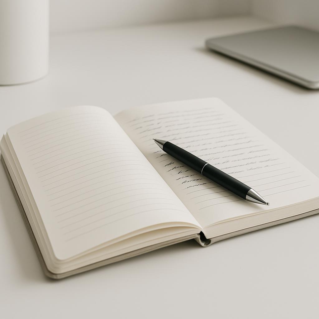 An open journal with blank lined pages, a black pen, and a blurred laptop computer in the background.
