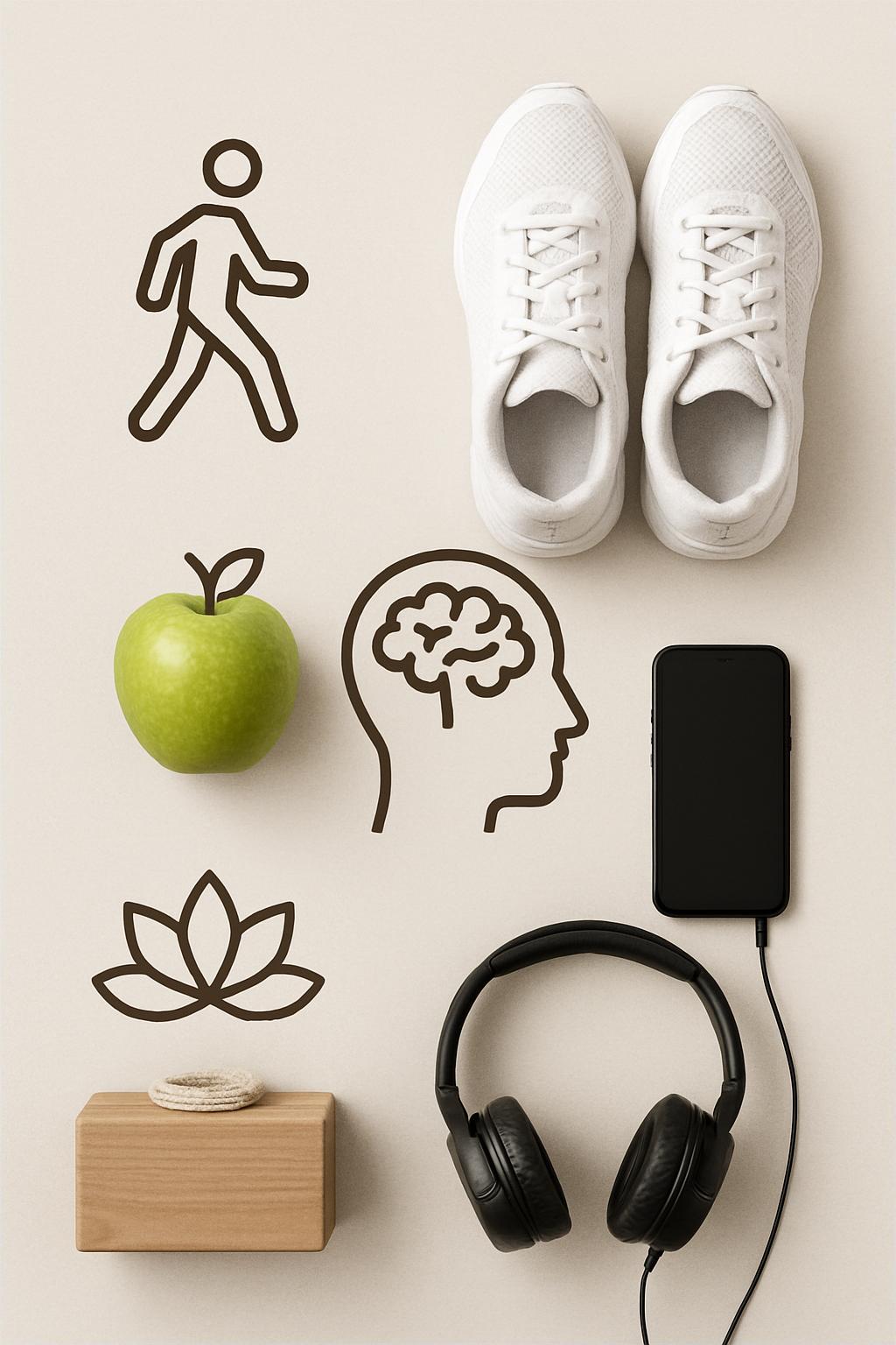 A black and white image featuring exercise imagery includes a pair of white sneakers, a green apple, a pair of headphones,...